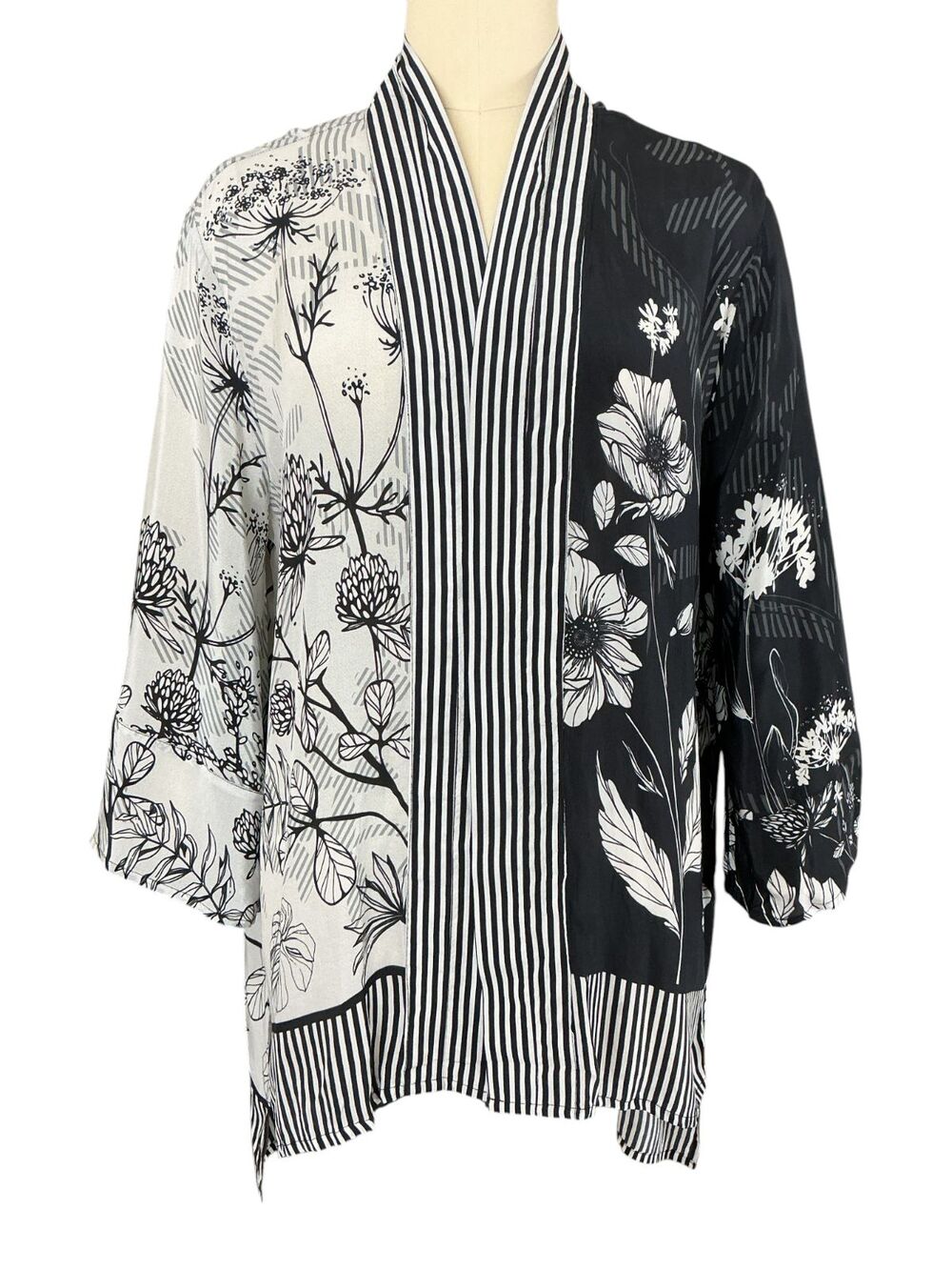 Shana Apparel Viscose Silk Kimono Duster Tunic L/XL Floral Stripe Colorblock NWT